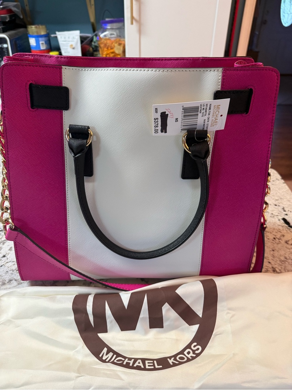 Michael Kors Hot Pink, White & Black Saffiano Leather Tote